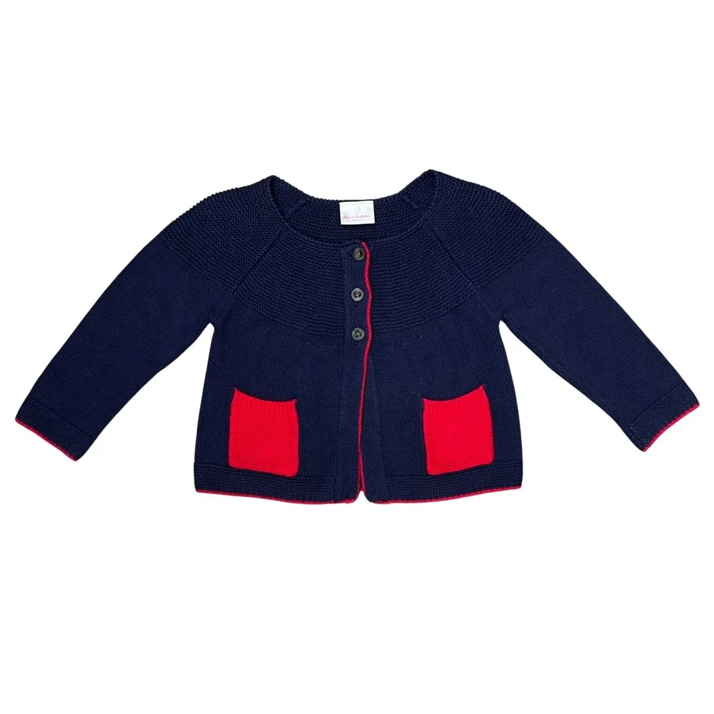 Hanna Andersson Kids Navy Blue Red Contrast Cotton Knit Cardigan Sweater 100